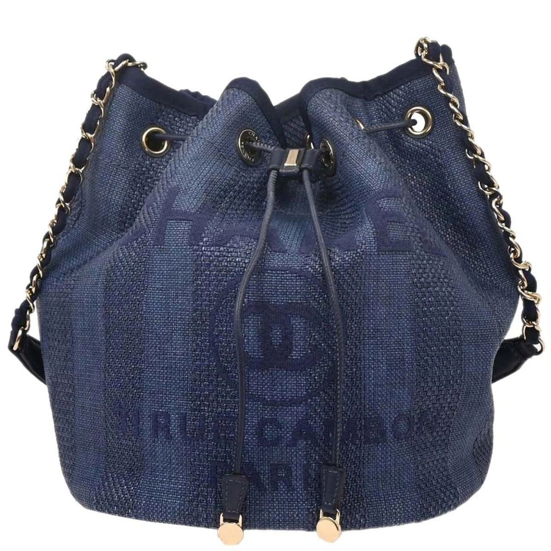 CHANEL NAVY STRAW DEAUVILLE BUCKET SHOULDER BAG: CHANEL NAVY STRAW DEAUVILLE BUCKET SHOULDER BAG Chanel Deauville Bucket Shoulder Bag Description OUTSIDE : A: GOOD CONDITION!! There are scuffs on the bottom edges. INSIDE : A: GOOD CONDITION!! Some s