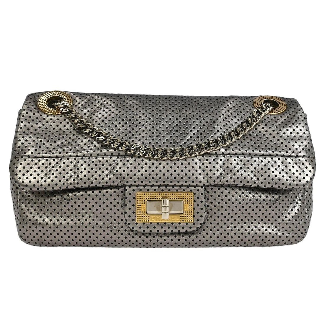 CHANEL SILVER PERFORATED LAMBSKIN MADEMOISELLE LOCK SHOULDER BAG (1 of 2)