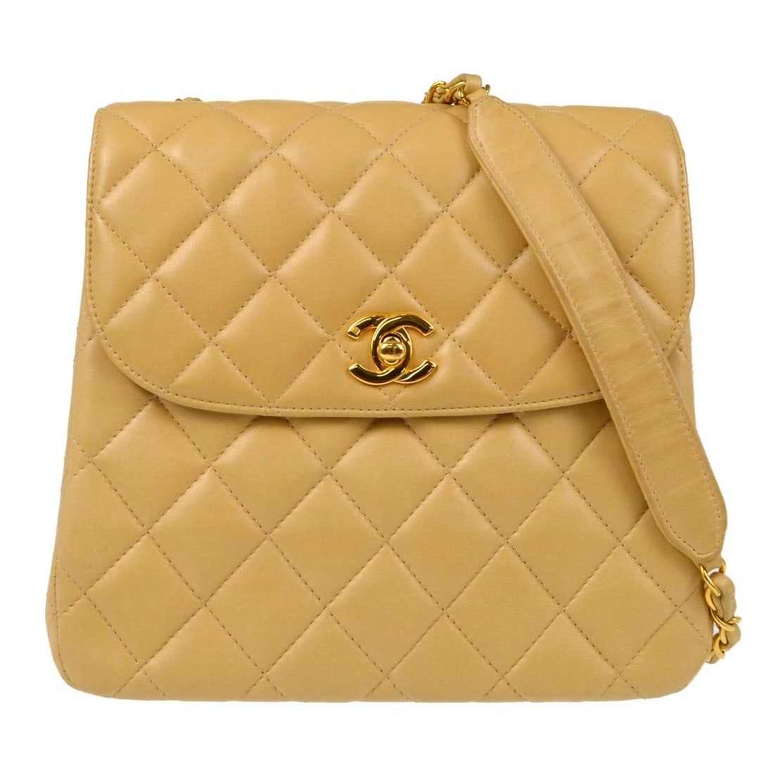 CHANEL BEIGE LAMBSKIN SINGLE FLAP SHOULDER BAG (1 of 2)