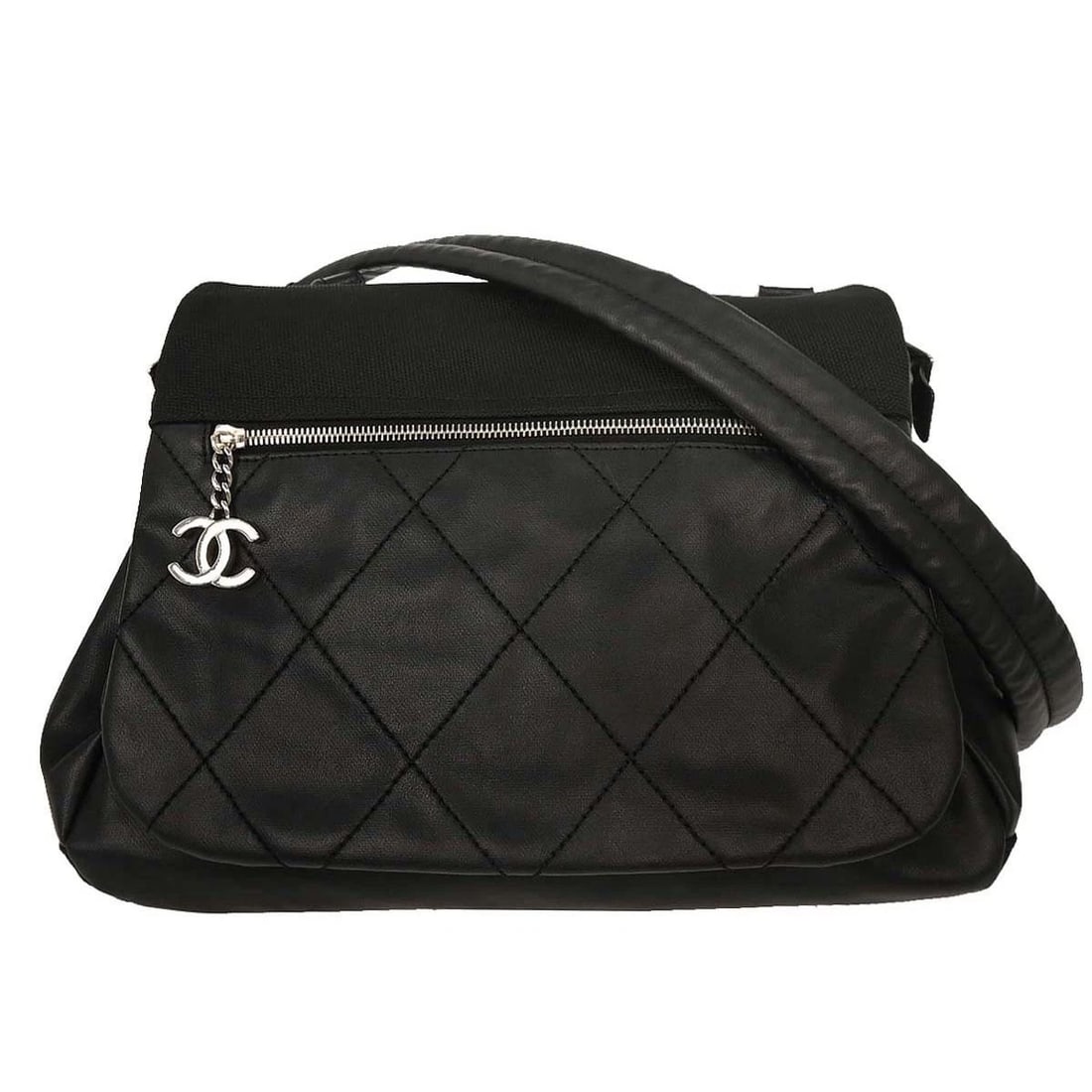 CHANEL BLACK CALFSKIN CANVAS SHOULDER BAG (1 of 2)