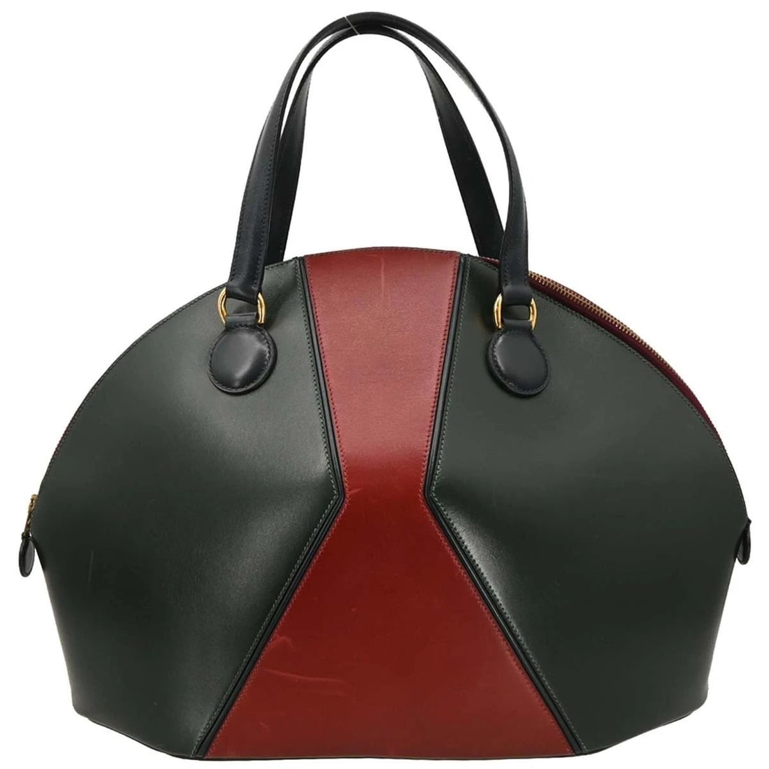 HERMES VERT FONCE ROUGE H BOX CALF IL DE VEAU HANDBAG: HERMES VERT FONCE ROUGE H BOX CALF IL DE VEAU HANDBAG Hermes Vert Fonce Rouge H Box Calf Il de Veau Handbag Description OUTSIDE: AB: FAIR CONDITION!! Scuffs and scratches. INSIDE: A: GOOD CONDITION!!