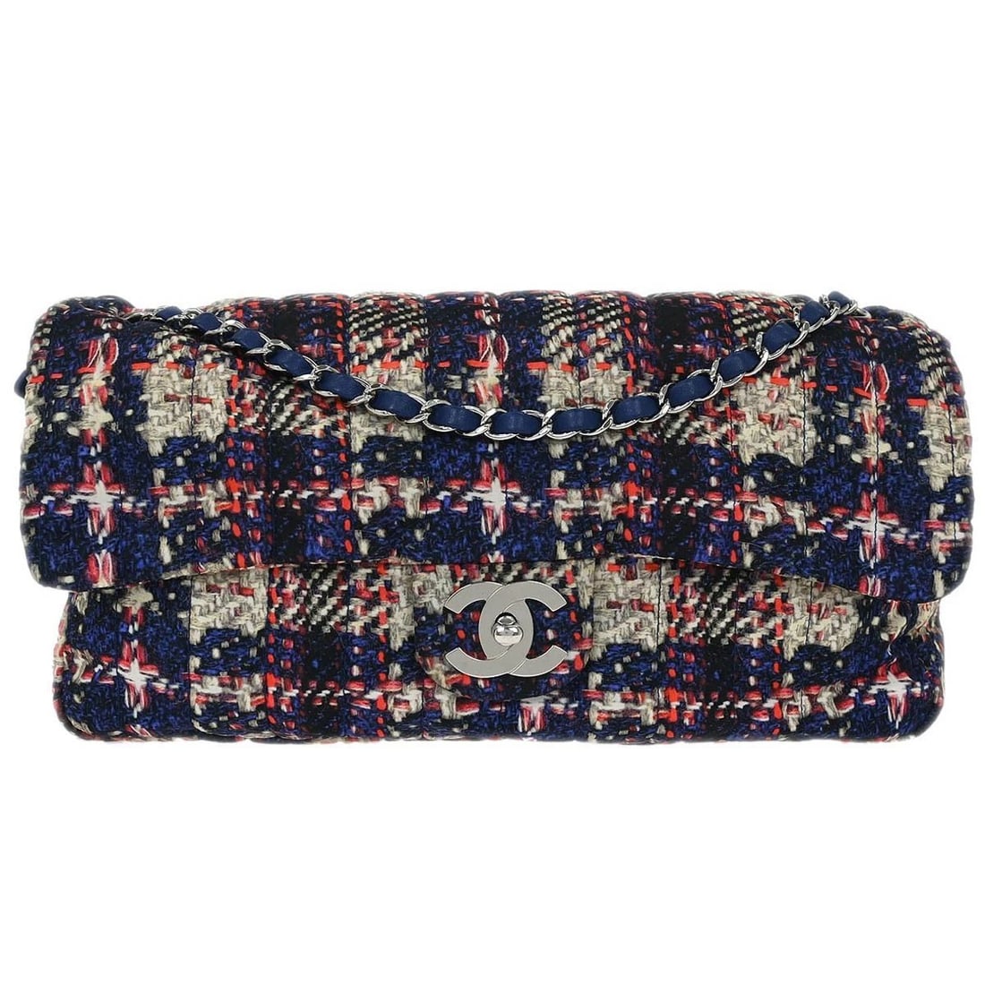 CHANEL NAVY NYLON TWEED PRINT SHOULDER BAG: CHANEL NAVY NYLON TWEED PRINT SHOULDER BAG Chanel Shoulder Bag Description OUTSIDE : A+: VERY GOOD CONDITION!! INSIDE : A+: VERY GOOD CONDITION!! S : New or new without a tag. SA : Excellent condition