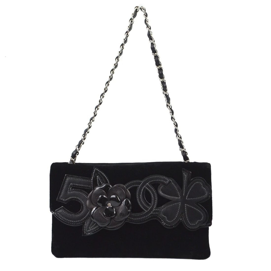 CHANEL BLACK VELVET CAMELIA SINGLE CHAIN SHOULDER BAG: CHANEL BLACK VELVET CAMELIA SINGLE CHAIN SHOULDER BAG Chanel Camelia NO.5 Chain Shoulder Bag Description OUTSIDE: A+: VERY GOOD CONDITION!! INSIDE: A+: VERY GOOD CONDITION!! Flap has scratched. S : Ne