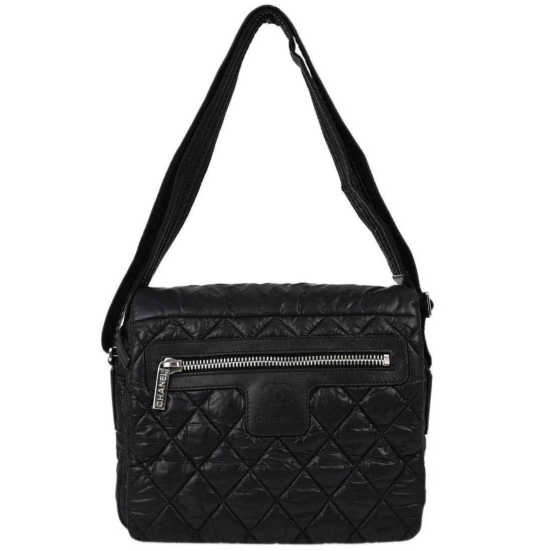 CHANEL BLACK NYLON COCO COCOON SHOULDER BAG: CHANEL BLACK NYLON COCO COCOON SHOULDER BAG Chanel Black Nylon Coco Cocoon Shoulder Bag Description OUTSIDE : A+: VERY GOOD CONDITION!! Scuff on the leather parts. INSIDE : A : GOOD CONDITION!! Scuff