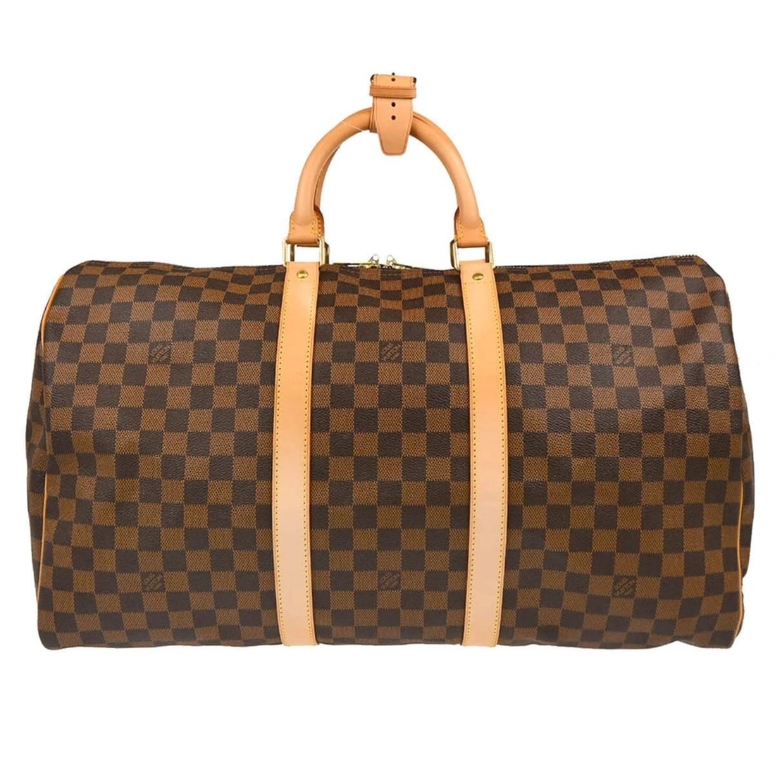 LOUIS VUITTON DAMIER KEEPALL 50 TRAVEL DUFFLE HANDBAG: LOUIS VUITTON DAMIER KEEPALL 50 TRAVEL DUFFLE HANDBAG Louis Vuitton Keepall 50 Travel Duffle Handbag Damier Description OUTSIDE : A : GOOD CONDITION!! Scuffs, suntan, discoloration, stains and dirt on