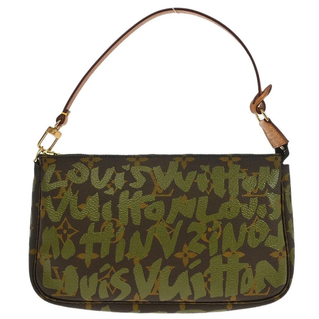 LOUIS VUITTON KHAKI GRAFFITI POCHETTE ACCESSOIRES HANDBAG: LOUIS VUITTON KHAKI GRAFFITI POCHETTE ACCESSOIRES HANDBAG Louis Vuitton Graffiti Pochette Accessoires Handbag M92191 Description OUTSIDE : A: GOOD CONDITION!! Scuffs and discoloration on the leather p