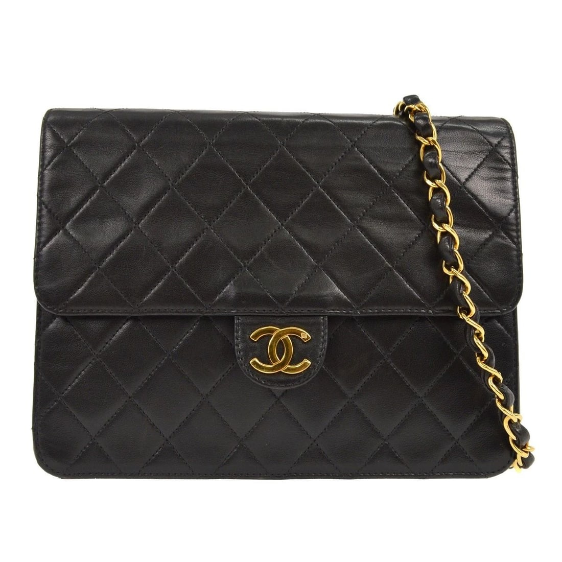 CHANEL BLACK LAMBSKIN PUSHLOCK SMALL HALF FLAP SHOULDER BAG (1 of 2)