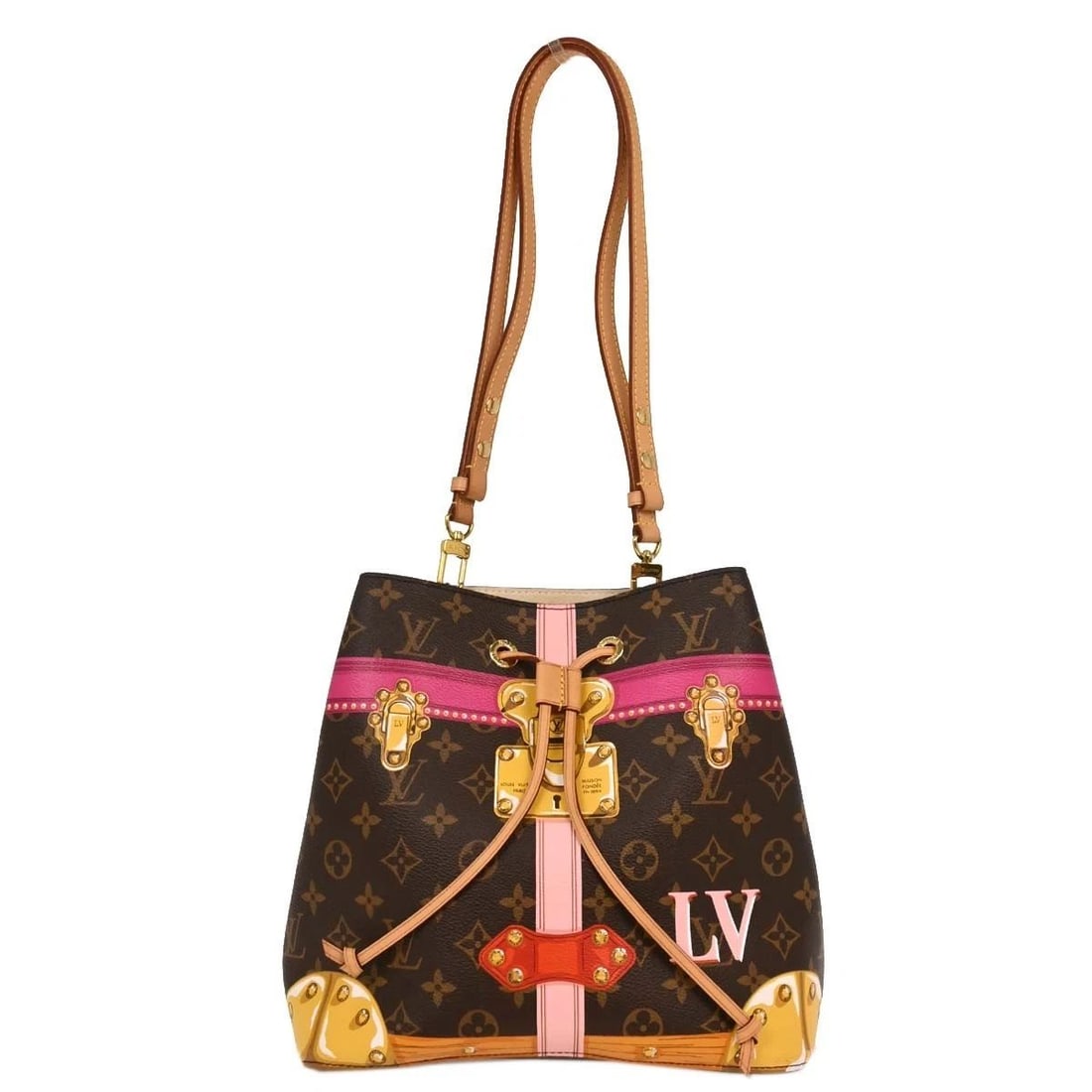 LOUIS VUITTON SUMMER TRUNKS NEO NOE BUCKET SHOULDER BAG: LOUIS VUITTON SUMMER TRUNKS NEO NOE BUCKET SHOULDER BAG Louis Vuitton Summer Trunks Neo Noe Bucket Shoulder Bag M40649 Description OUTSIDE: A+: VERY GOOD CONDITION!! Minor scuffs and minor stains on t