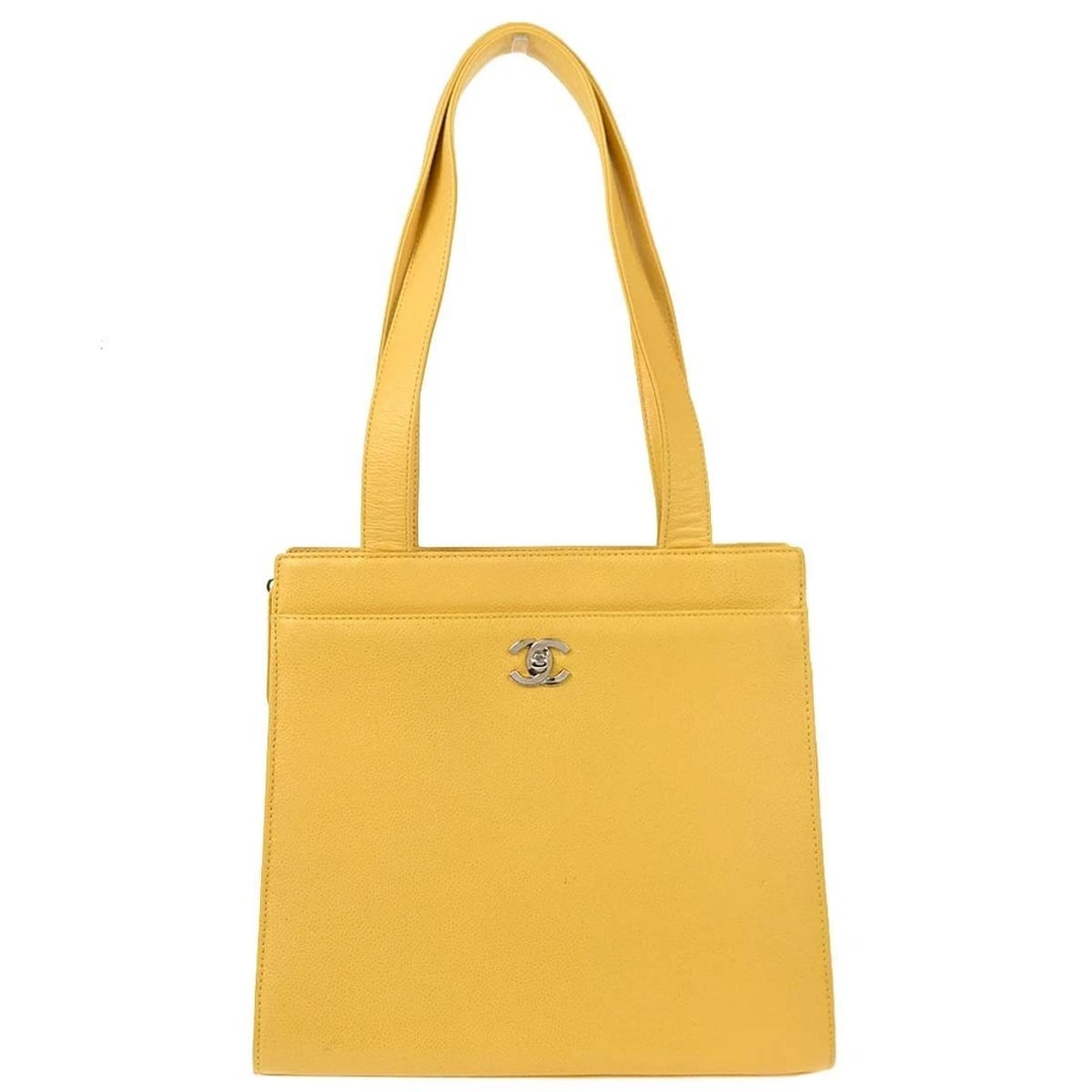 CHANEL YELLOW CALFSKIN TOTE HANDBAG: CHANEL YELLOW CALFSKIN TOTE HANDBAG Chanel Tote Handbag Description OUTSIDE: A: GOOD CONDITION!! Minor dirt. Edge has dirt. INSIDE: A: GOOD CONDITION!! Minor dirt. S : New / new without a tag. SA : Ex