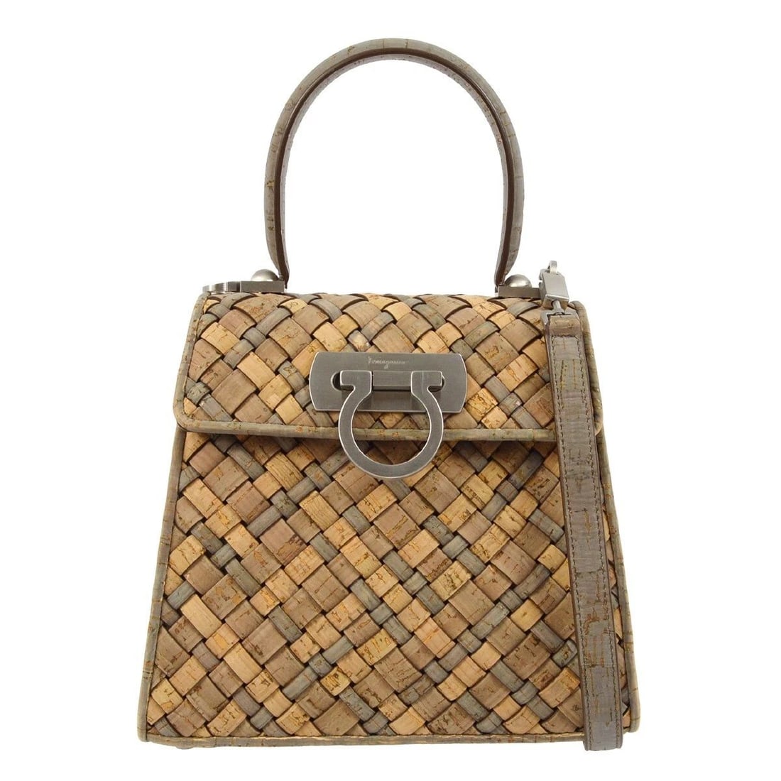 SALVATORE FERRAGAMO BEIGE GRAY CORK GANCINI 2WAY HANDBAG: SALVATORE FERRAGAMO BEIGE GRAY CORK GANCINI 2WAY HANDBAG Salvatore Ferragamo Gancini 2way Handbag Description OUTSIDE: A+: VERY GOOD CONDITION!! There are some dirt on the bottom edges. INSIDE: SA: GR