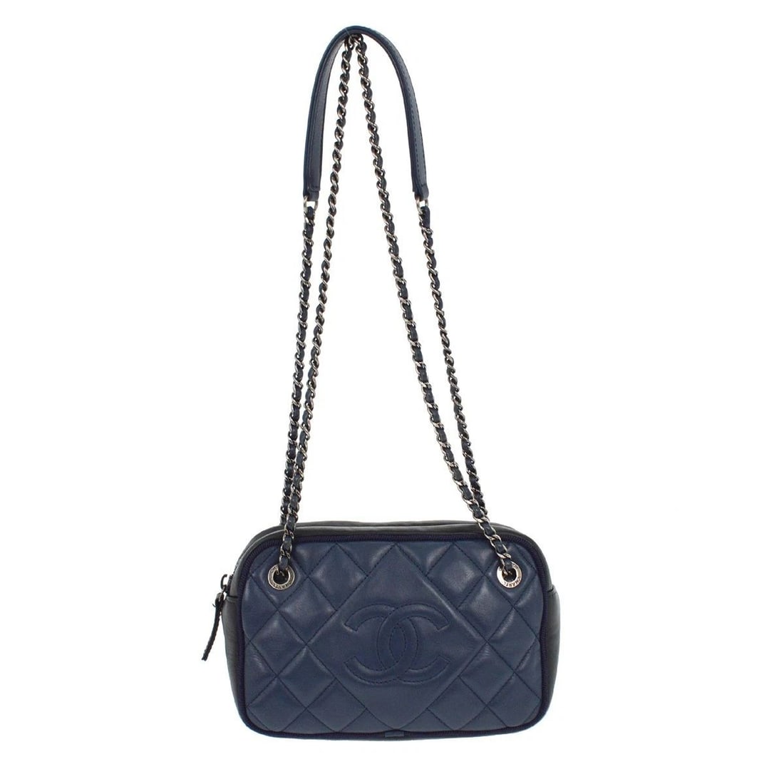CHANEL BLUE NAVY LAMBSKIN BALLERINE CAMERA BAG: CHANEL BLUE NAVY LAMBSKIN BALLERINE CAMERA BAG Chanel Ballerine Camera Bag Description OUTSIDE : A: GOOD CONDITION!! Some scuffs and stains. INSIDE : A: GOOD CONDITION!! Some stains. S : New or new wi
