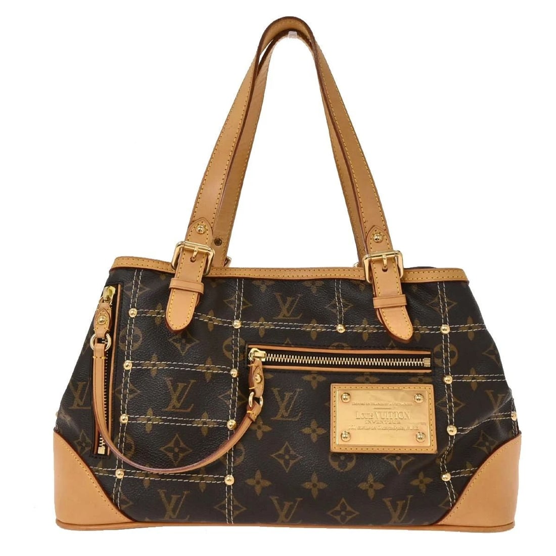 LOUIS VUITTON MONOGRAM RIVETING HANDBAG: LOUIS VUITTON MONOGRAM RIVETING HANDBAG Louis Vuitton Monogram Riveting Handbag M40140 Description OUTSIDE : A: GOOD CONDITION!! Scuffs, scratches, stains and dirt on the leather parts. The bottom par