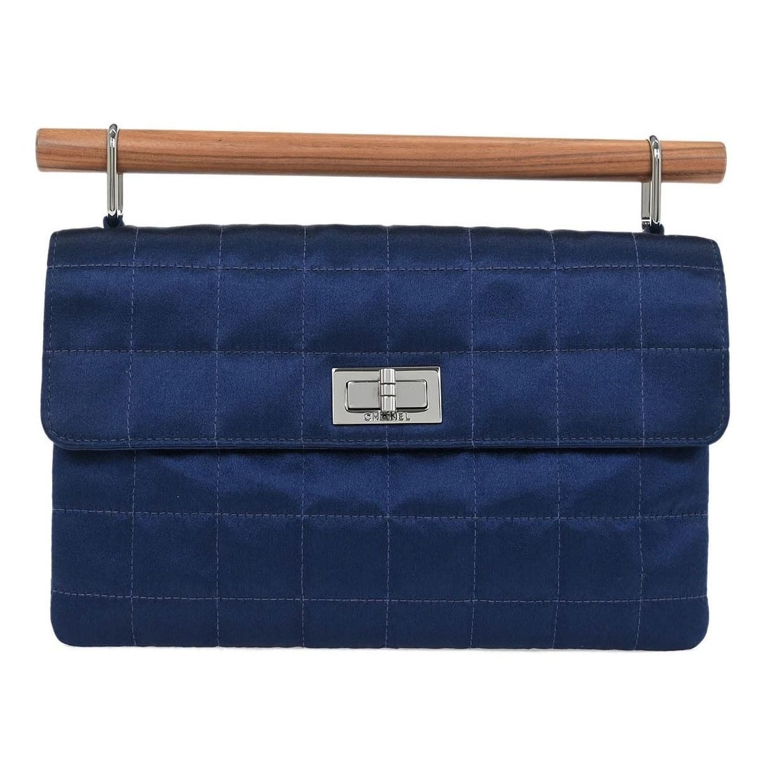CHANEL NAVY SATIN MADEMOISELLE LOCK CHOCO BAR HANDBAG: CHANEL NAVY SATIN MADEMOISELLE LOCK CHOCO BAR HANDBAG Chanel Mademoiselle Lock Choco Bar Handbag Description OUTSIDE: A+: VERY GOOD CONDITION!! INSIDE: A+: VERY GOOD CONDITION!! S : New or new without