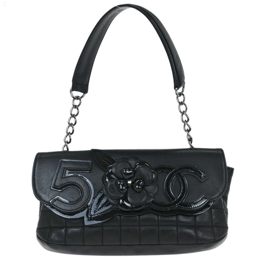 CHANEL BLACK LAMBSKIN NO.5 CHOCO BAR SHOULDER BAG: CHANEL BLACK LAMBSKIN NO.5 CHOCO BAR SHOULDER BAG Chanel No.5 Choco Bar Shoulder Bag Description OUTSIDE: A+: VERY GOOD CONDITION!! Minor scuffs. INSIDE: A+: VERY GOOD CONDITION!! S : New or new witho