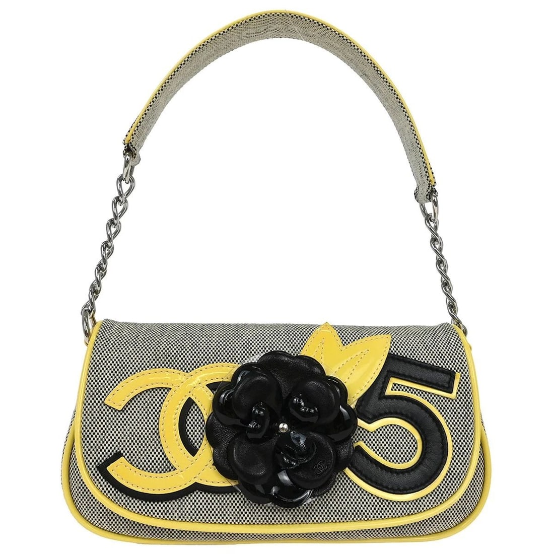 CHANEL BLACK CANVAS CAMELLIA NO.5 CC HANDBAG: CHANEL BLACK CANVAS CAMELLIA NO.5 CC HANDBAG Chanel Handbag Description OUTSIDE : A: GOOD CONDITION!! Minor scuffs. Handle has stain. INSIDE : A+: VERY GOOD CONDITION!! S : New or new without a tag. S