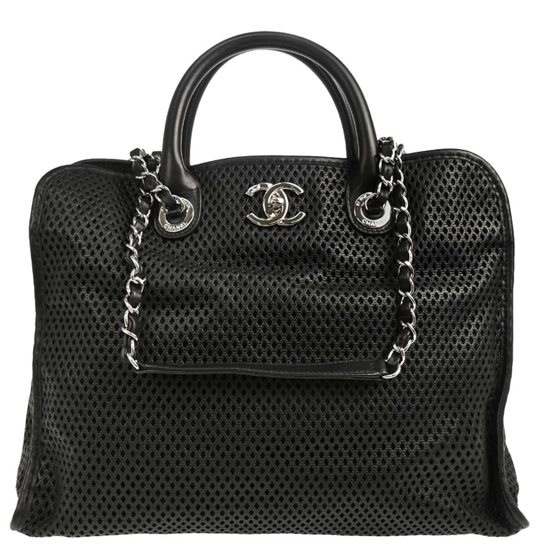 CHANEL BLACK PERFORATED CALFSKIN FRENCH RIVIERA 2WAY HANDBAG: CHANEL BLACK PERFORATED CALFSKIN FRENCH RIVIERA 2WAY HANDBAG Chanel 2way Handbag Description OUTSIDE : A: GOOD CONDITION!! Scuffs on the leather parts. Edge has scuffs. INSIDE : A+: VERY GOOD CONDITIO