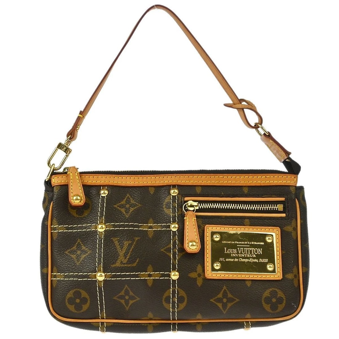 LOUIS VUITTON MONOGRAM RIVET POCHETTE ACCESSOIRES HANDBAG: LOUIS VUITTON MONOGRAM RIVET POCHETTE ACCESSOIRES HANDBAG Louis Vuitton Monogram Rivet Pochette Accessoires Handbag M40141 Description OUTSIDE : A: GOOD CONDITION!! Scuffs, discoloration and dirt on t