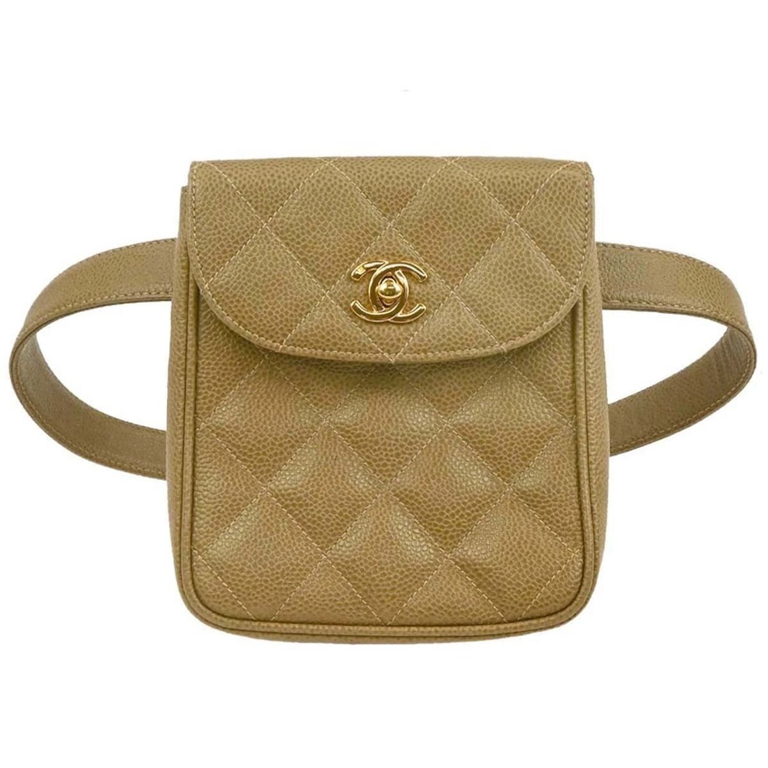 CHANEL BEIGE CALFSKIN BELT BUM BAG: CHANEL BEIGE CALFSKIN BELT BUM BAG Chanel Belt Bum Bag Description OUTSIDE: A+: VERY GOOD CONDITION!! INSIDE: A: GOOD CONDITION!! There is slightly crack on the edge. S : New or new without a tag. SA