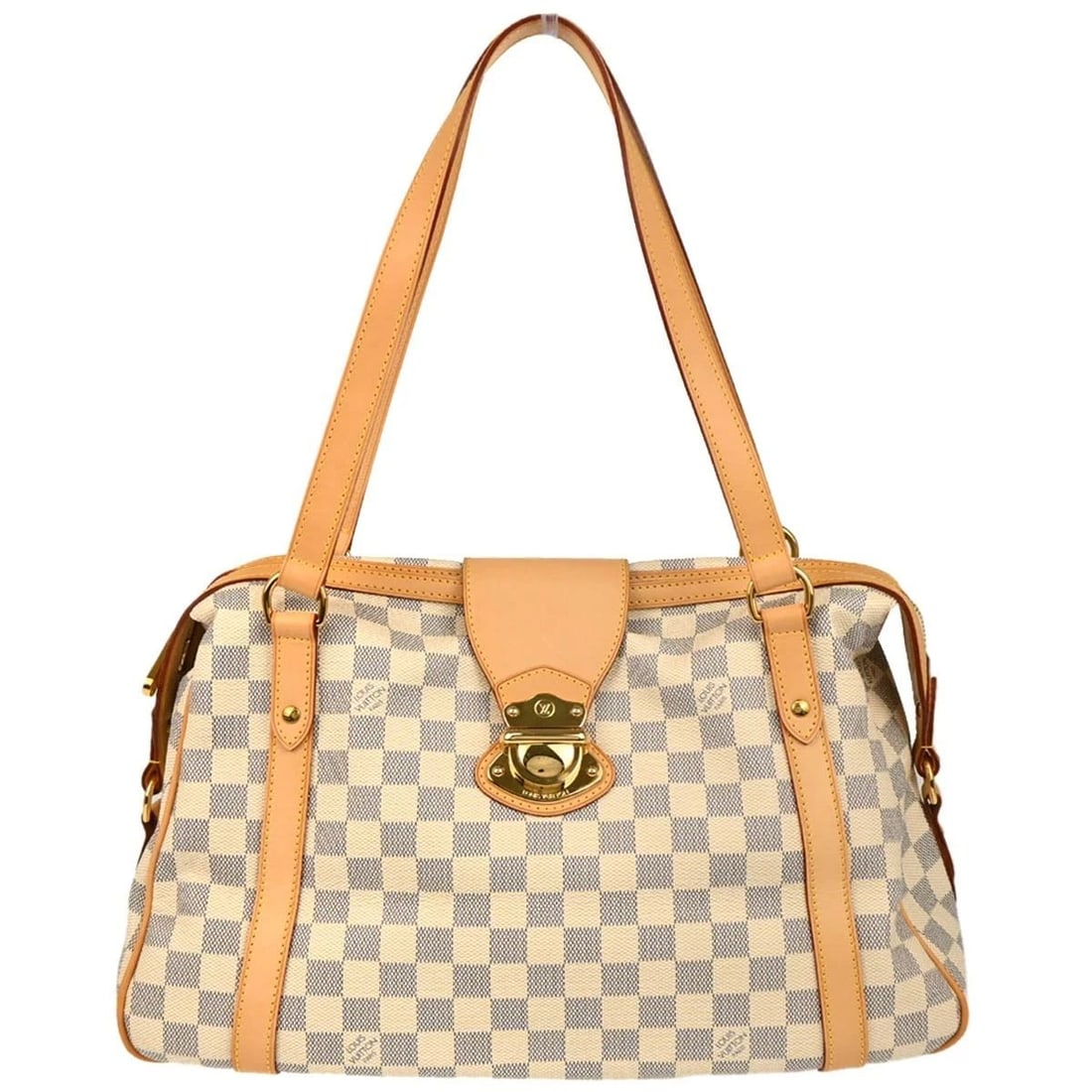 LOUIS VUITTON DAMIER AZUR STRESA PM SHOULDER BAG: LOUIS VUITTON DAMIER AZUR STRESA PM SHOULDER BAG Louis Vuitton Damier Azur Stresa PM Shoulder Bag N42220 Description OUTSIDE : A+: VERY GOOD CONDITION!! Discoloration and some stains on the leather pa