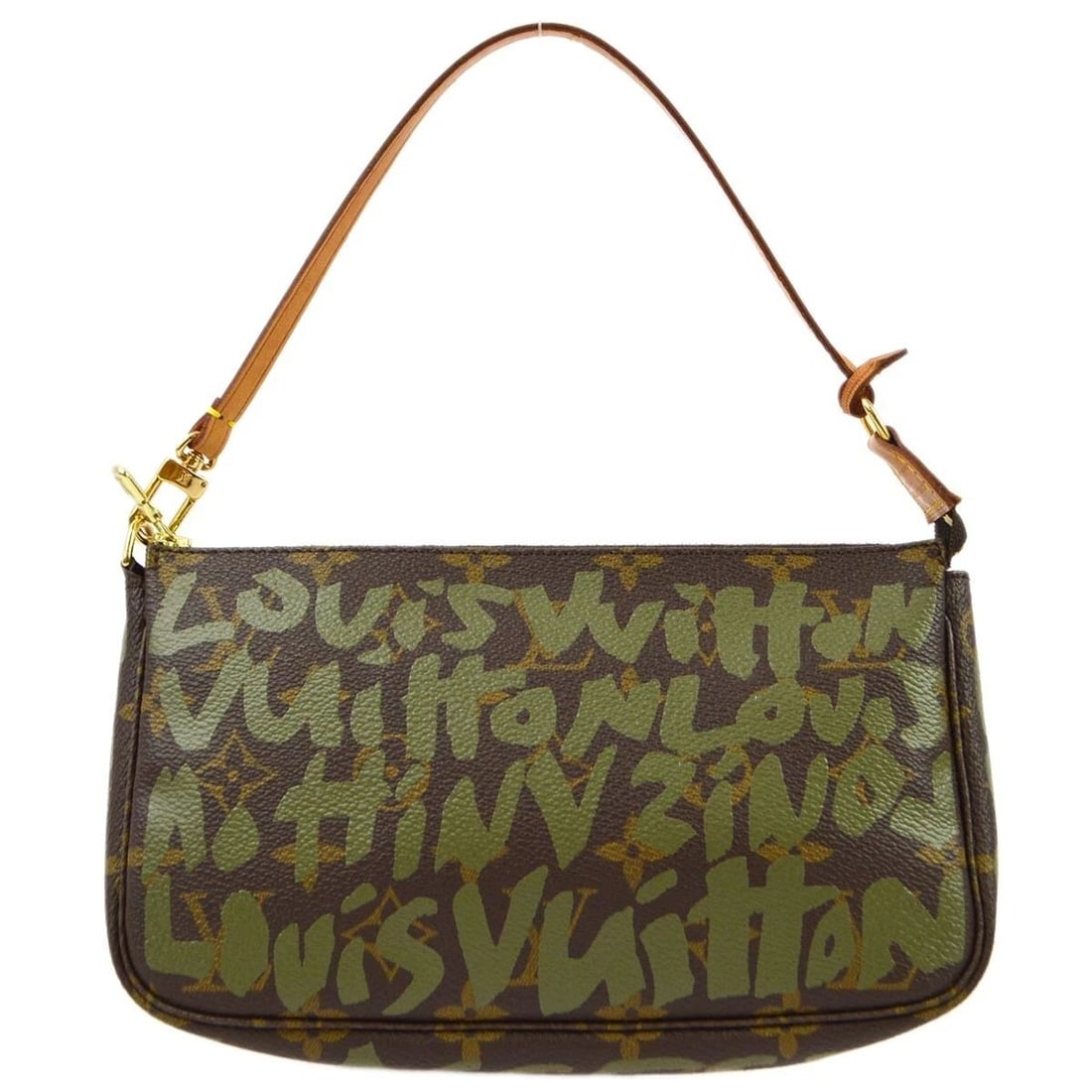 LOUIS VUITTON KHAKI GRAFFITI POCHETTE ACCESSOIRES HANDBAG: LOUIS VUITTON KHAKI GRAFFITI POCHETTE ACCESSOIRES HANDBAG Louis Vuitton Graffiti Pochette Accessoires Handbag M92191 Description OUTSIDE : A: GOOD CONDITION!! Leather parts has suntanned, stain and cr
