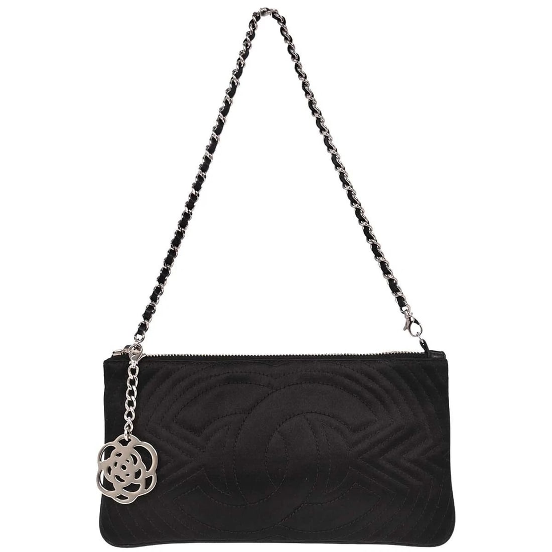 CHANEL BLACK SATIN CAMELLIA CHARM CHAIN HANDBAG: CHANEL BLACK SATIN CAMELLIA CHARM CHAIN HANDBAG Chanel Camellia Charm Chain Handbag Description OUTSIDE: A+: VERY GOOD CONDITION!! There are scuffs on the edges. INSIDE: A+: VERY GOOD CONDITION!! S :