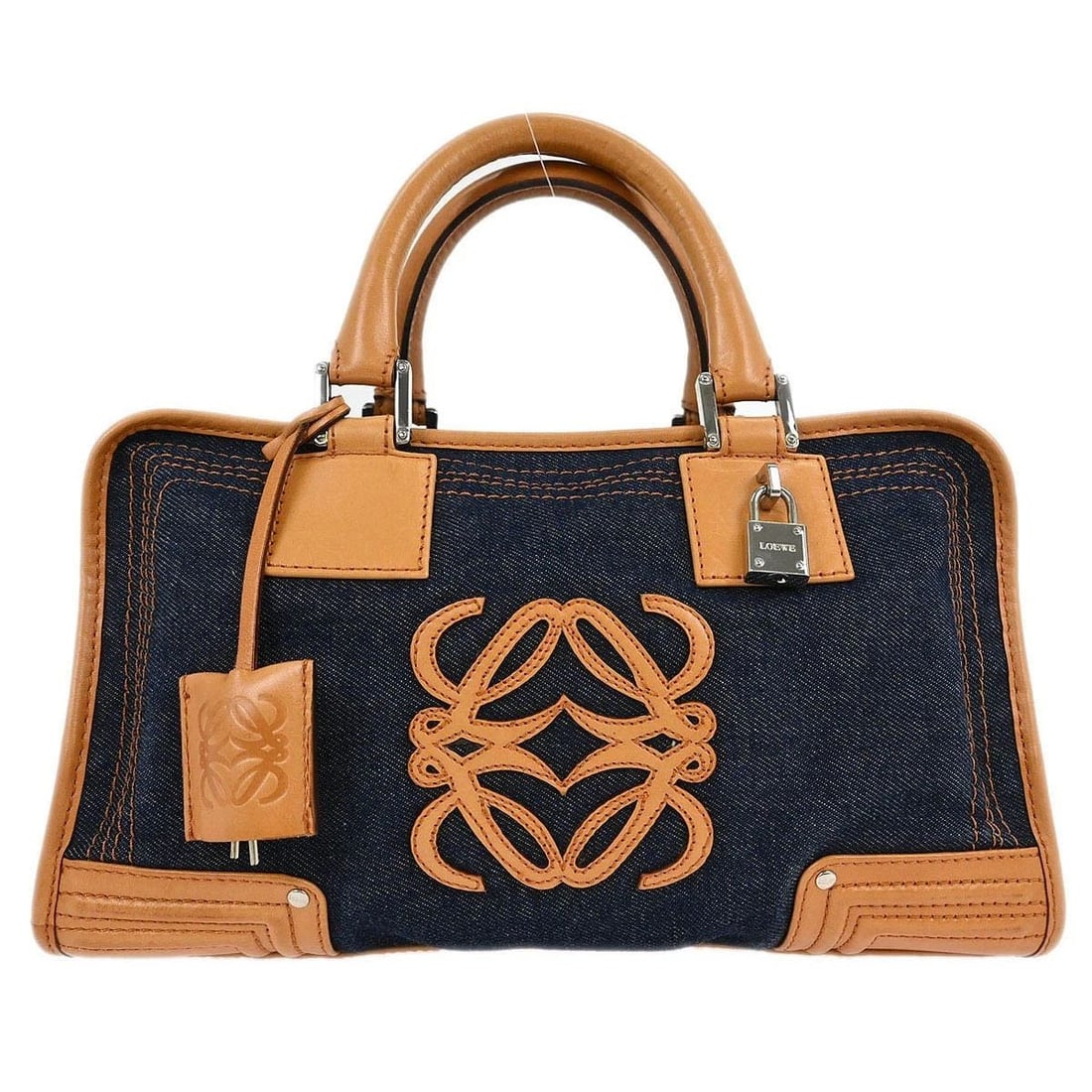 LOEWE NAVY DENIM AMAZONA 28 HANDBAG: LOEWE NAVY DENIM AMAZONA 28 HANDBAG Loewe Amazona 28 Handbag Description OUTSIDE : A: GOOD CONDITION!! Scuffs, scratches, discoloration and stains on the leather parts. INSIDE : A+: VERY GOOD CONDITIO