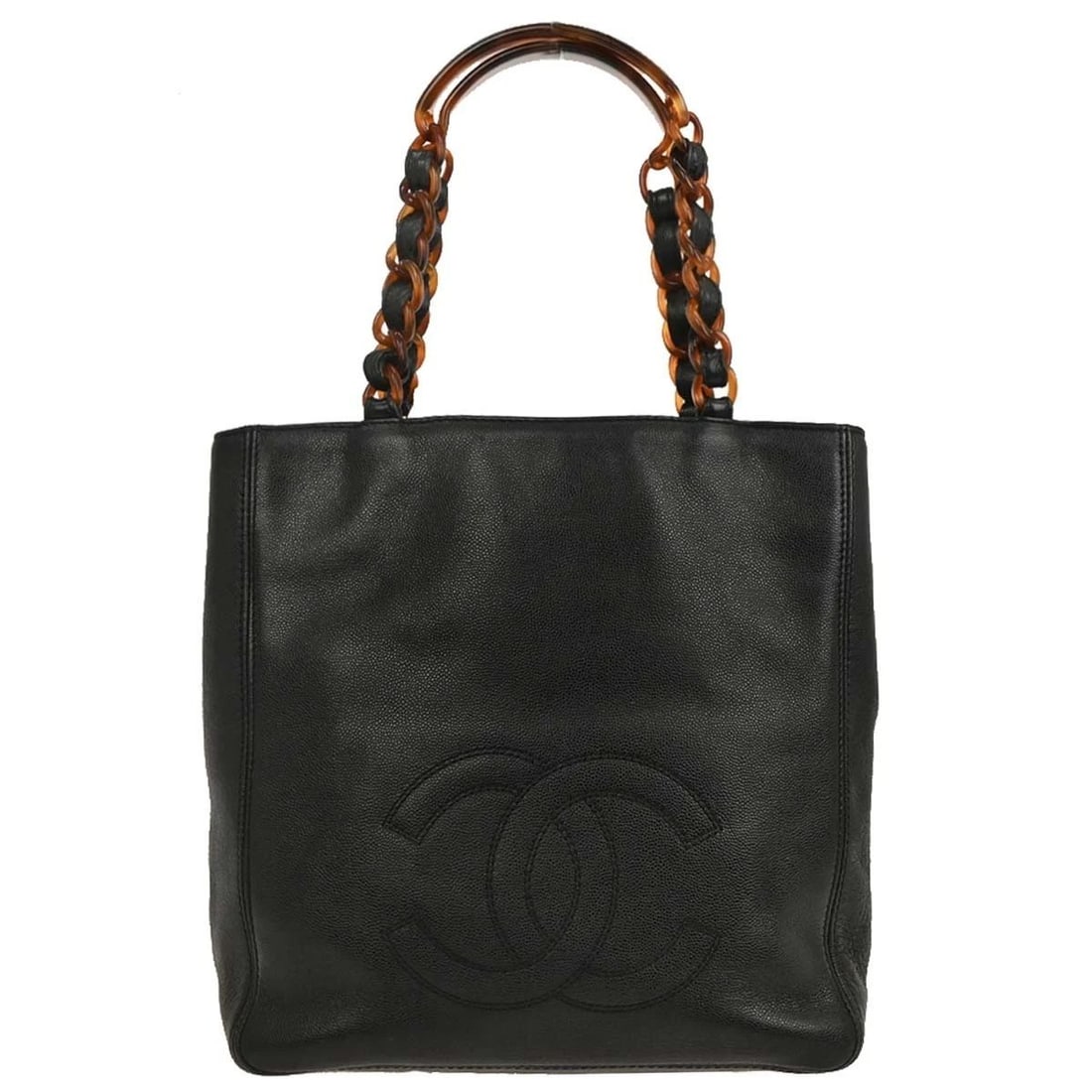 CHANEL BLACK CALFSKIN TOTE CHAIN HANDBAG (1 of 2)