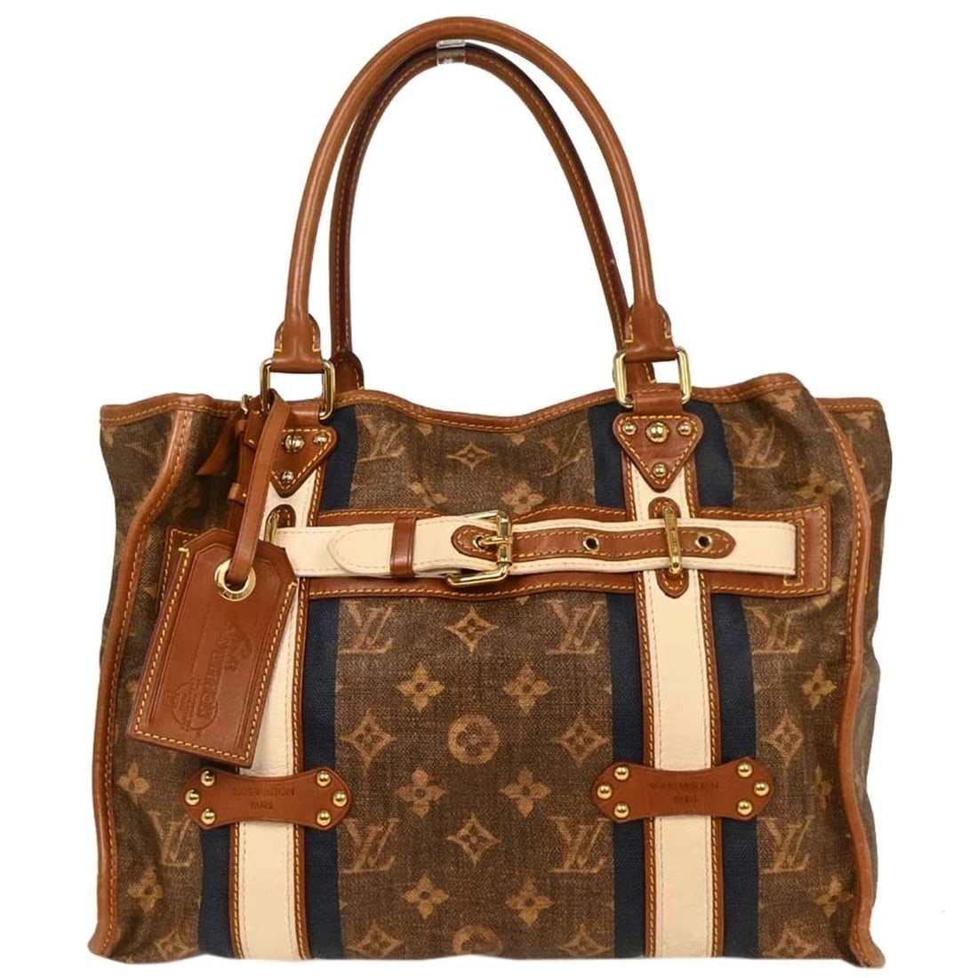 LOUIS VUITTON MONOGRAM TISSE SAC RAYURES GM TOTE HANDBAG: LOUIS VUITTON MONOGRAM TISSE SAC RAYURES GM TOTE HANDBAG Louis Vuitton Monogram Tisse Sac Rayures GM Tote Handbag M56385 Description OUTSIDE : AB: FAIR CONDITION!! Stains and dirt. Edge has scuffs. IN