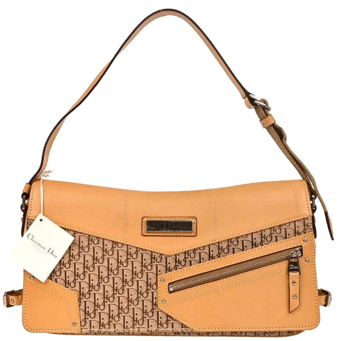 CHRISTIAN DIOR BEIGE TROTTER HANDBAG: CHRISTIAN DIOR BEIGE TROTTER HANDBAG Christian Dior Trotter Handbag Description OUTSIDE: A: GOOD CONDITION!! Scuffs and dirt on the leather parts. INSIDE: A: GOOD CONDITION!! Scuffs on the leather par