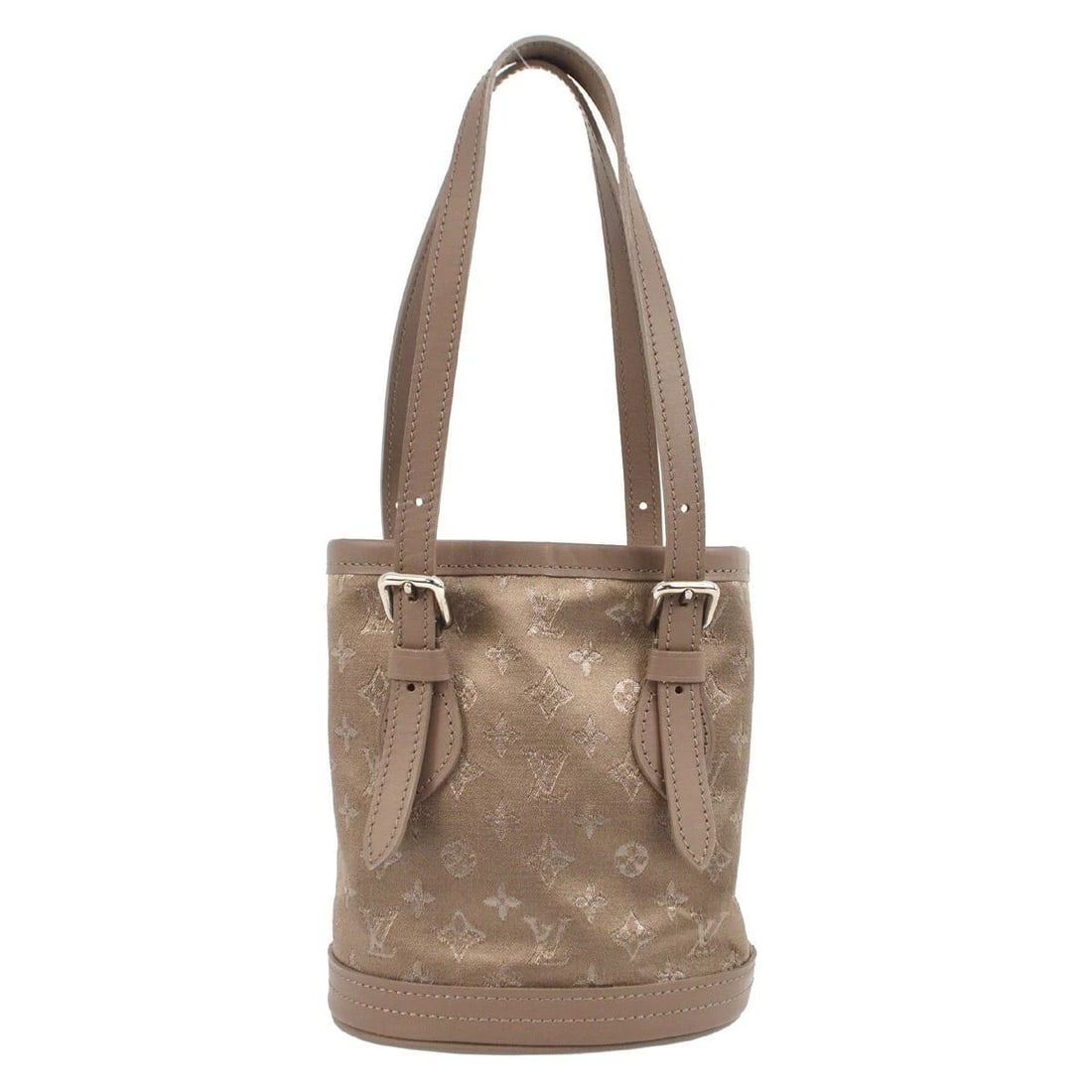 LOUIS VUITTON BEIGE MONOGRAM SATIN LITTLE BUCKET HANDBAG: LOUIS VUITTON BEIGE MONOGRAM SATIN LITTLE BUCKET HANDBAG Louis Vuitton Little Bucket Handbag Beige Monogram Satin M92145 Description OUTSIDE: A+: VERY GOOD CONDITION!! Small dirt. INSIDE: SA: GREAT CO