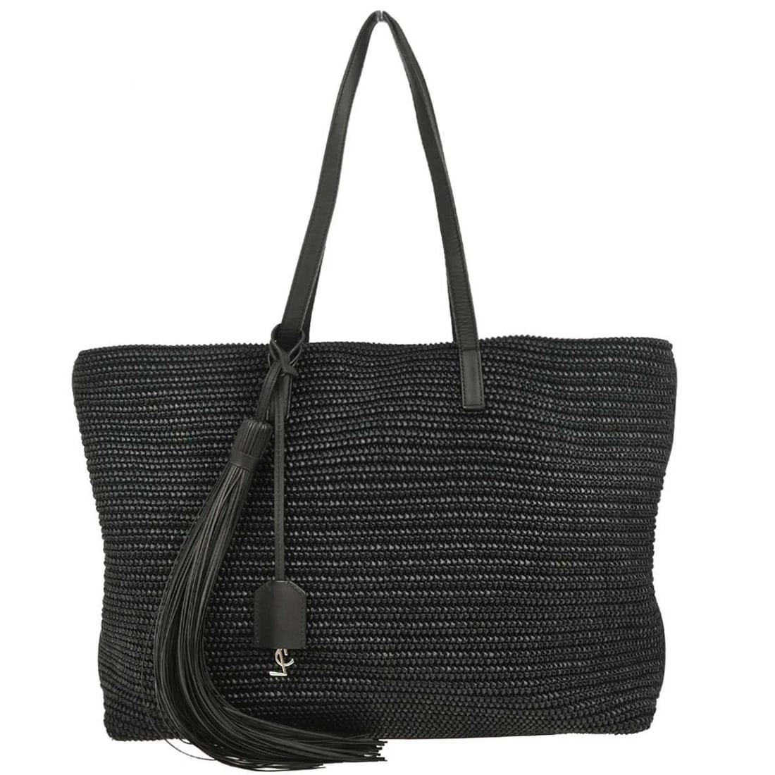 SAINT LAURENT BLACK RAFFIA TASSEL TOTE HANDBAG (1 of 2)