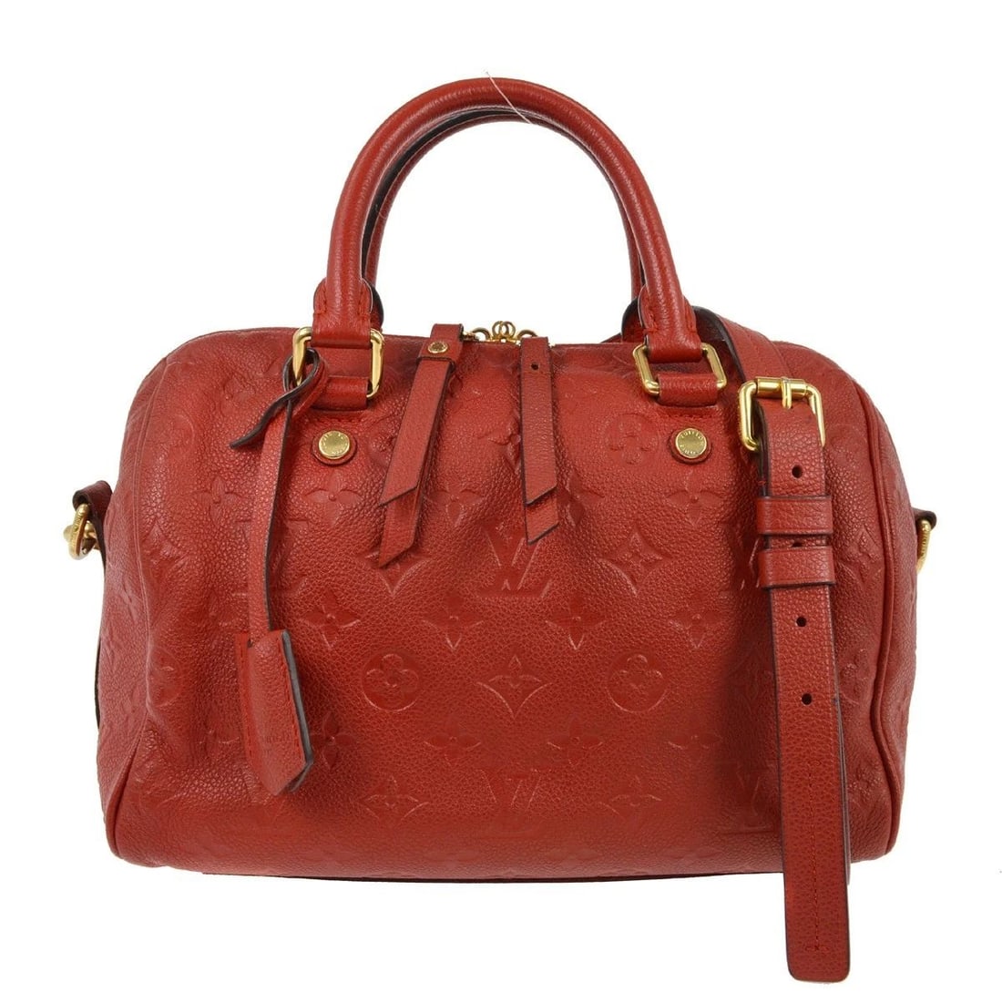 LOUIS VUITTON RED MONOGRAM EMPREINTE SPEEDY 25 HANDBAG: LOUIS VUITTON RED MONOGRAM EMPREINTE SPEEDY 25 HANDBAG Louis Vuitton Red Monogram Empreinte Speedy 25 Handbag M40758 Description OUTSIDE : B: Damaged condition. There are scuffs on the bottom edges. T