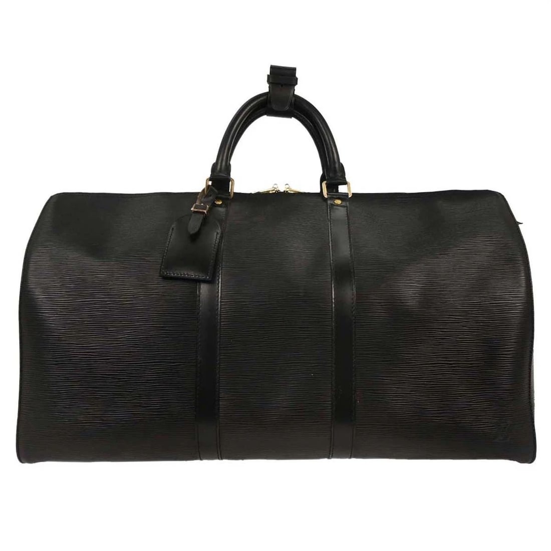 LOUIS VUITTON BLACK EPI KEEPALL 50 TRAVEL HANDBAG: LOUIS VUITTON BLACK EPI KEEPALL 50 TRAVEL HANDBAG Louis Vuitton Black Epi Keepall 50 Travel Handbag M42962 Description OUTSIDE : A: GOOD CONDITION!! Some stains. There are scuffs on the bottom edges.