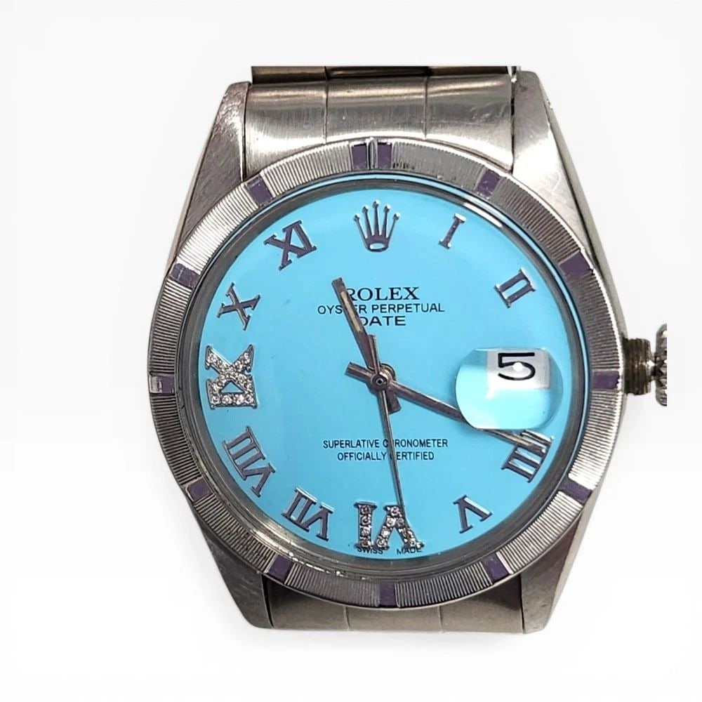 ROLEX DATE 34 MM BLUE TURQUOISE DIAMOND DIAL STEEL OYSTER WATCH (1 of 2)