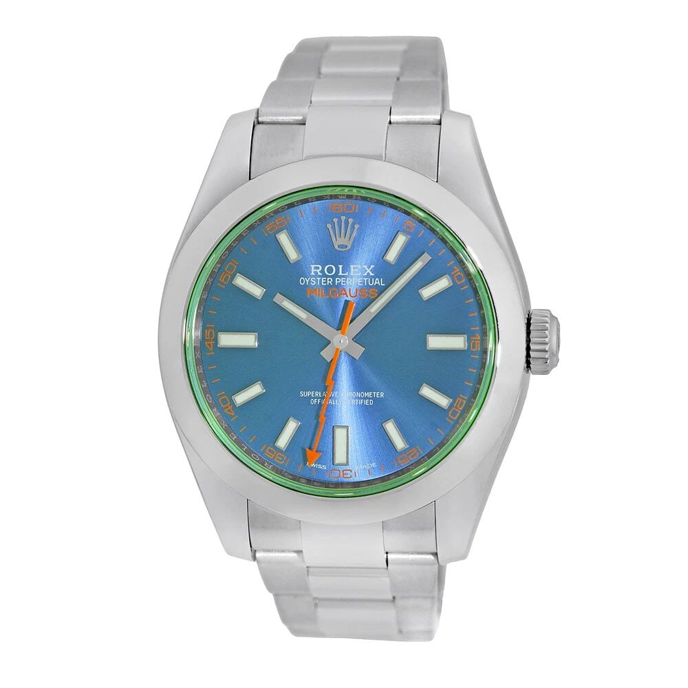 ROLEX STAINLESS STEEL 40MM MILGAUSS BLUE DIAL 116400 BOX WARRANTY: ROLEX STAINLESS STEEL 40MM MILGAUSS BLUE DIAL 116400 BOX WARRANTY BRAND: Rolex Model: Milgauss Reference No: 116400 Case Measurements: Case Diameter: 40mm Case Thickness: 13.2mm Water Resistance: 100m