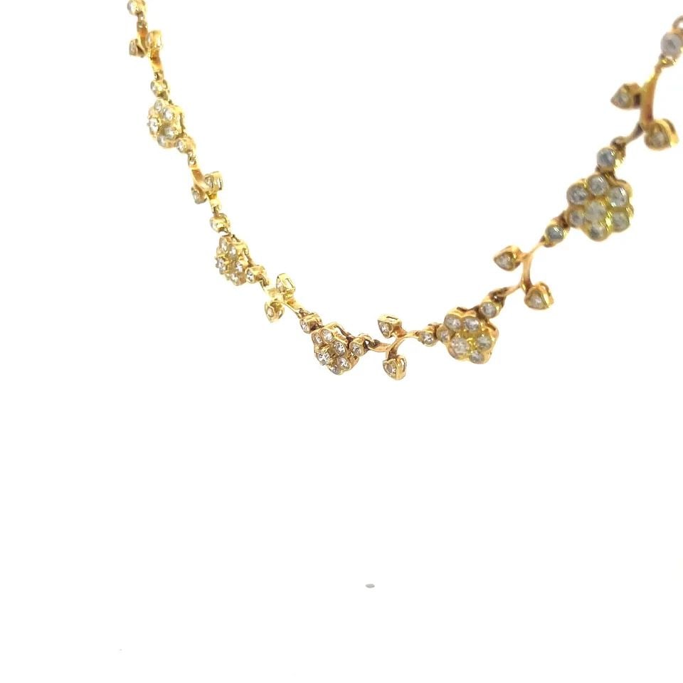 DIAMOND GOLD NECKLACE EARRINGS SET 18K YELLOW FLORAL COLLAR & DANGLE STYLE: DIAMOND GOLD NECKLACE EARRINGS SET 18K YELLOW FLORAL COLLAR & DANGLE STYLE The charming necklace and earring set made from 18k yellow gold with 14k gold butterfly backs for the earrings. The necklace 