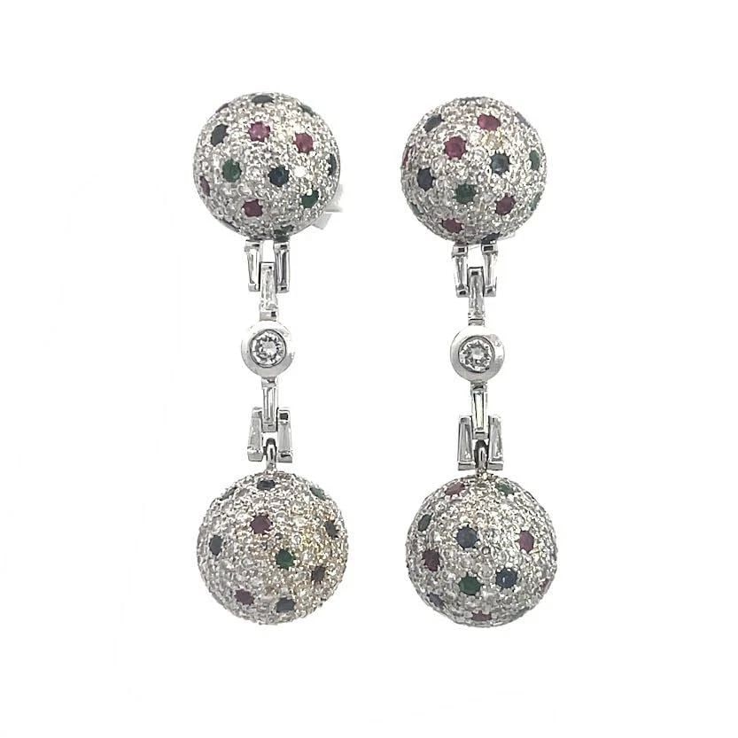 CONVERTIBLE DIAMOND GOLD EARRINGS DANGLE BALL 18K WHITE GEMSTONE: CONVERTIBLE DIAMOND GOLD EARRINGS DANGLE BALL 18K WHITE GEMSTONE This stunning pair of earrings are crafted from 18k white gold featuring a half dome at the top with pave set diamonds and small round 