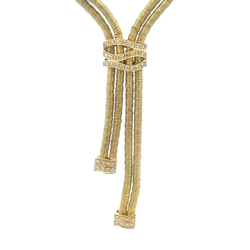 DIAMOND 18K GOLD NECKLACE DOUBLE STRAND WIRE WRAP FLEX CABLE STYLE: This beautiful chic necklace features a double soft flexible cable strands wrapped with fine gold wire, the strands are on each side and all four held together with a wide triple bar enhancer decorate
