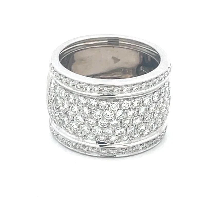 LEO PIZZO DIAMOND GOLD RING 18K WHITE PAVE HALF CIRCLE WIDE BAND: This authentic stunning piece of fine jewelry is by Italian Leo Pizzo, it features a natural white diamond set in 18k white gold. The ring has a unique half circle wide band design with pave set diamo