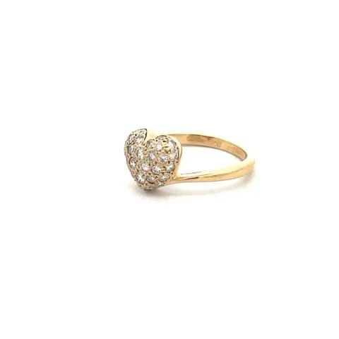 DIAMOND 18K HEART RING YELLOW GOLD PAVE SET PUFFED HEART: DIAMOND 18K HEART RING YELLOW GOLD PAVE SET PUFFED HEART This lovely 18k yellow gold ring shows a beautiful shape puffed heart with pave set sparkling diamonds. The polished shank is attached on each 