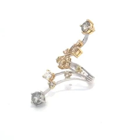 18K FANCY MULTICOLOR DIAMOND TWO TONE GOLD LONG FINGER FLORAL RING SIZE 6: 18K FANCY MULTICOLOR DIAMOND TWO TONE GOLD LONG FINGER FLORAL RING SIZE 6 This is a fashionable statement ring; it is crafted from 18k white and yellow gold featuring 5 rows with split shank and stem 