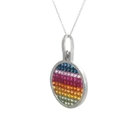 SAPPHIRE RAINBOW PENDANT 1CT DIAMOND 14K WHITE GOLD NECKLACE: SAPPHIRE RAINBOW PENDANT 1CT DIAMOND 14K WHITE GOLD NECKLACE This is a lovely round shape pendant with a slender oval link chain. They are crafted from 14k white gold, and the pendant features a round