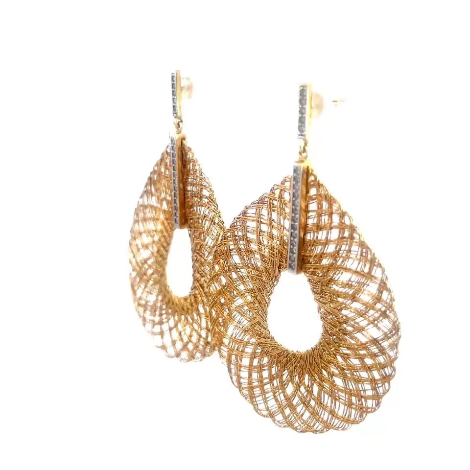 DIAMOND GOLD MESH EARRINGS 18K YELLOW LARGE TEARDROP DANGLE STYLE: DIAMOND GOLD MESH EARRINGS 18K YELLOW LARGE TEARDROP DANGLE STYLE This eye-catching pair of large dangle earrings are crafted from 18k yellow gold featuring large thin teardrop shape with shiny gold i