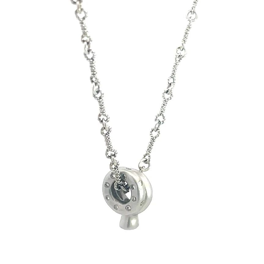 DIAMOND GOLD NECKLACE 18K WHITE 2 ENHANCER TWIST LINK CHAIN: This lovely gold necklace is a piece of fine jewelry featuring 2 circle and key link enhancers with diamonds set in 18k white gold. This necklace necklace has a twist wire link chain design with a lob