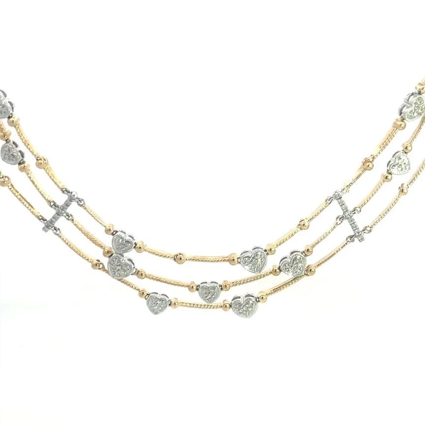 DIAMOND GOLD COLLAR NECKLACE 14K TWO TONE 3 STRAND SWAG STYLE HEART MOTIFS: DIAMOND GOLD COLLAR NECKLACE 14K TWO TONE 3 STRAND SWAG STYLE HEART MOTIFS This gorgeous swag style necklace is a sophisticated piece that marries elegance with modern style. Crafted in 14k yellow and