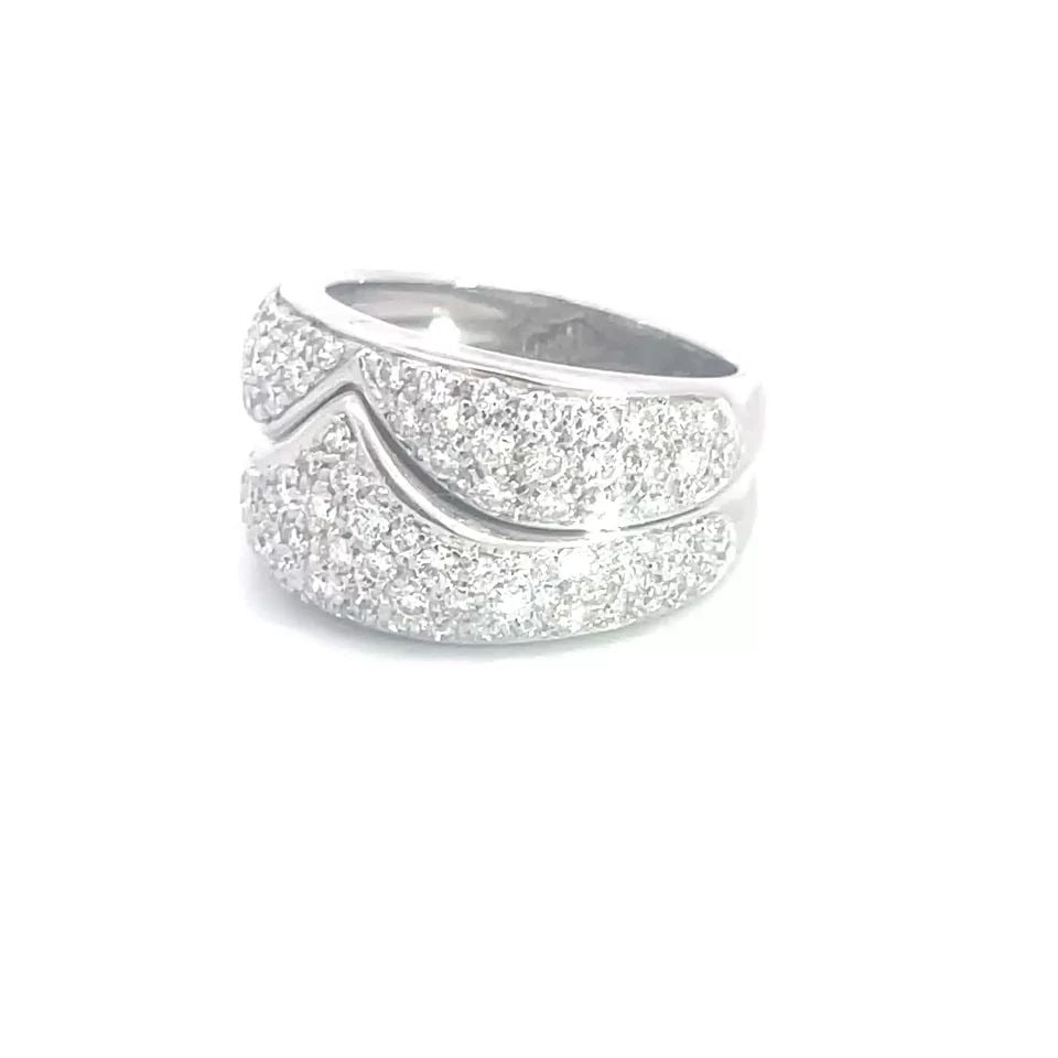 DAMIANI DIAMOND GOLD RING 18K WHITE PAVE SET 2 ROW STACK STYLE: DAMIANI DIAMOND GOLD RING 18K WHITE PAVE SET 2 ROW STACK STYLE This is a gorgeous diamond ring by designer Damiani, it is a fine jewelry crafted in 18k white gold. This fancy stack style ring features