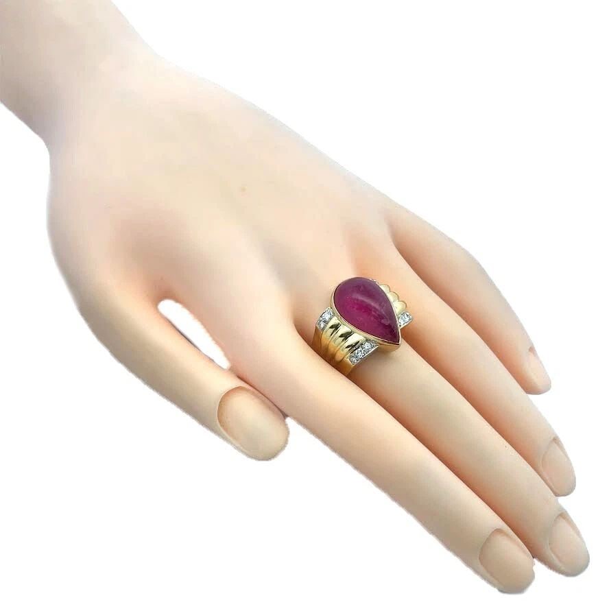 DIAMOND 18K YELLOW GOLD RING CABOCHON PEAR PINK TOURMALINE: DIAMOND 18K YELLOW GOLD RING CABOCHON PEAR PINK TOURMALINE This is a gorgeous large ring, it is crafted from 18k yellow gold featuring a wide front with a stunning large cabochon pear shape pink tourm