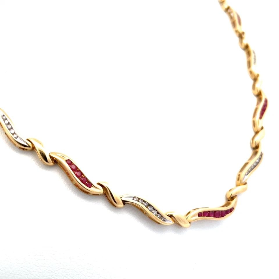 DIAMOND RUBY NECKLACE 14K YELLOW GOLD CURVED LINK DELICATE CHANEL SET (1 of 1)