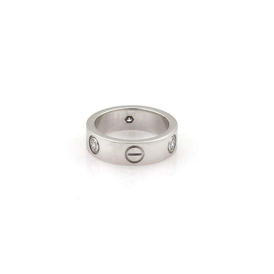 CARTIER LOVE 3 DIAMOND 18K GOLD 5.5MM BAND RING SIZE EU 46-US 3.75 W/CERT: CARTIER LOVE 3 DIAMOND 18K GOLD 5.5MM BAND RING SIZE EU 46-US 3.75 W/CERT Cartier Love 3 Diamond 18k Gold 5.5mm Band Ring Size EU 46-US 3.75 w/Cert Description This is a lovely authentic band ring fro