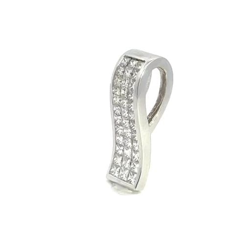 DIAMOND PRINCESS CUT PENDANT 18K 2.25CT INVISIBLE SET CURVED WHITE GOLD: DIAMOND PRINCESS CUT PENDANT 18K 2.25CT INVISIBLE SET CURVED WHITE GOLD The is a curved 1.19 inches long wide curved bar with a loop bail, from 18k white gold with a polished finish and 3 rows invisib